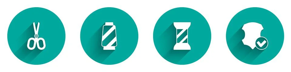 Set Scissors, Sewing thread on spool, and Leather icon with long shadow. Vector Stock Illustration