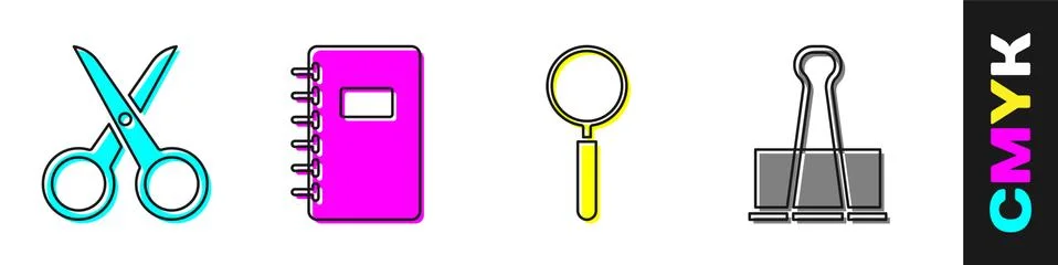 Set Scissors, Spiral notebook, Magnifying glass and Binder clip icon. Vector Stock Illustration