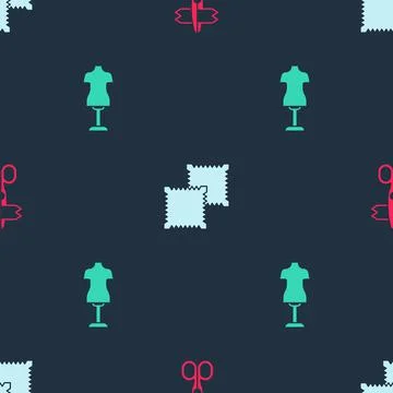 Set Scissors, Textile fabric roll and Mannequin on seamless pattern. Vector Stock Illustration