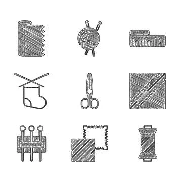 Set Scissors, Textile fabric roll, Sewing thread on spool, Needle for sewing Stock Illustration