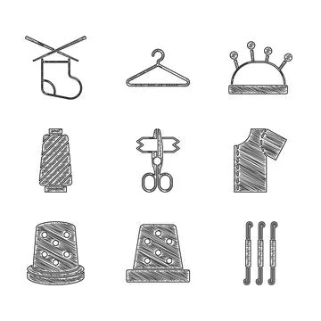 Set Scissors, Thimble for sewing, Crochet hook, Sewing pattern, thread on spool Stock Illustration