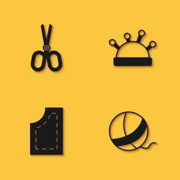 Set Scissors, Yarn ball, Sewing pattern and Needle bed and needles icon with Illustrazione stock