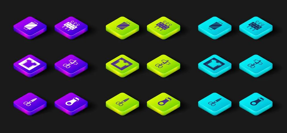 Set Scissors, Zipper, Sewing pattern, Needle for sewing and thread on spool icon Stock Illustration