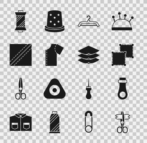 Set Scissors, Zipper, Textile fabric roll, Hanger wardrobe, Sewing pattern Illustrazione stock
