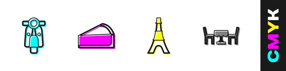 Set Scooter, Cherry cheesecake slice, Eiffel tower and French cafe icon. Vector Illustrazione stock