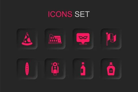 Set Scooter, Coliseum, Slice of pizza, Bottle wine, Flag Italy, Perfume, Ca.. Illustrazione stock