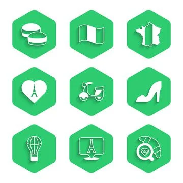 Set Scooter, Eiffel tower, Coffee cup with croissant, Woman shoe, Hot air Stock Illustration