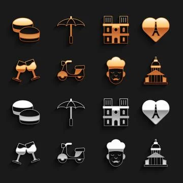 Set Scooter, Eiffel tower with heart, Museum building, Cook, Wine glass, Notre Stock-Illustration