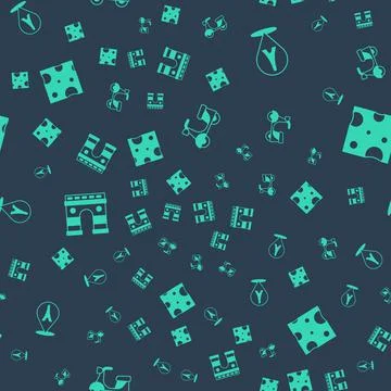 Set Scooter, Eiffel tower, Triumphal Arch and Cheese on seamless pattern. Vector Stock Illustration