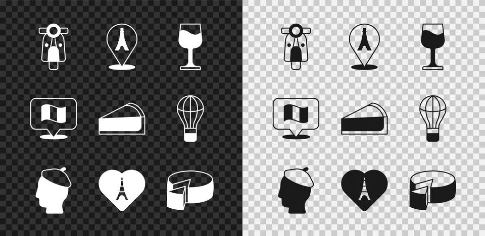 Set Scooter, Eiffel tower, Wine glass, French man, with heart, Cheese, Flag Stock Illustration