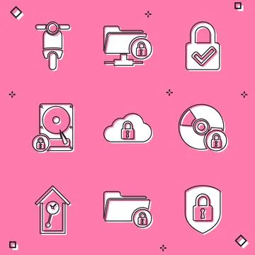 Set Scooter, FTP folder and lock, Lock check mark, Hard disk drive, Cloud イラスト素材