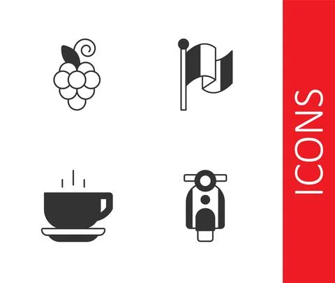 Set Scooter, Grape fruit, Coffee cup and Flag Italy icon. Vector Stock Illustration