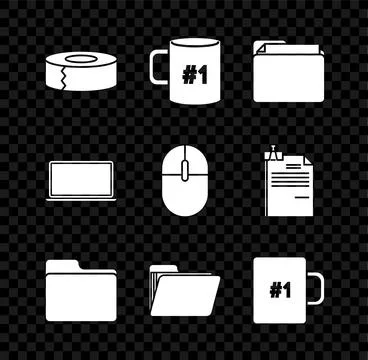 Set Scotch, Coffee cup flat, Document folder, Laptop and Computer mouse icon Illustrazione stock