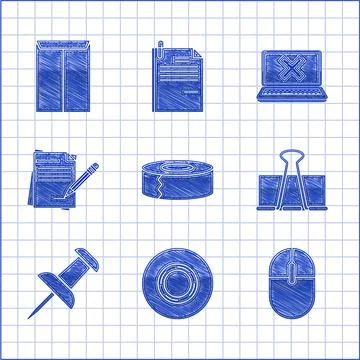 Set Scotch, Computer mouse, Binder clip, Push pin, Blank notebook and pencil  イラスト素材