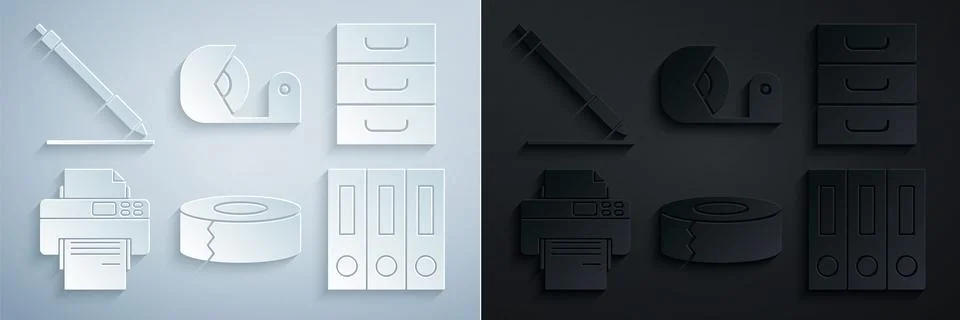 Set Scotch, Drawer with documents, Printer, Office folders papers and, and Pen Stock Illustration