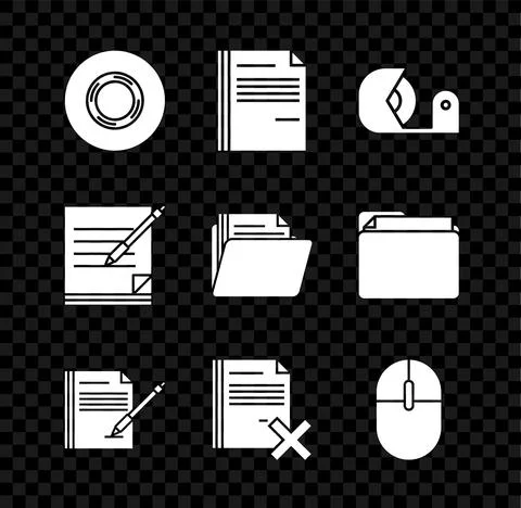 Set Scotch, File document, Blank notebook and pen, Delete file, Computer mouse Stock Illustration
