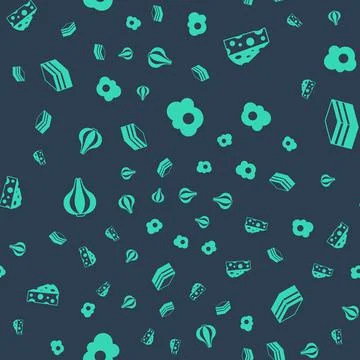 Set Scrambled egg, Cheese, Garlic and Piece of cake on seamless pattern. Vector Stock Illustration