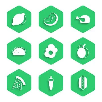 Set Scrambled egg, Hot chili pepper, Hotdog, Plum fruit, Slice of pizza, Taco Stock Illustration