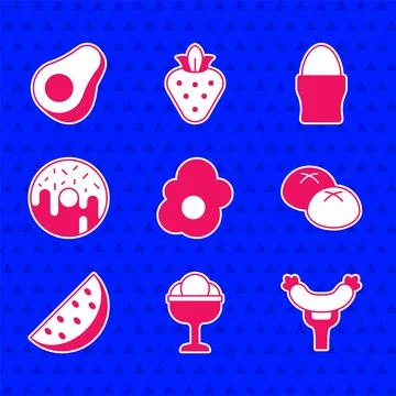 Set Scrambled egg, Ice cream in the bowl, Sausage on fork, Bread loaf, Wate.. Stock Illustration