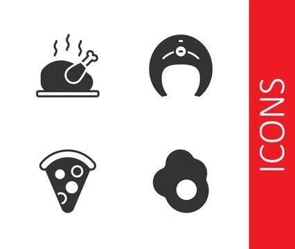 Set Scrambled egg, Roasted turkey or chicken, Slice of pizza and Fish steak icon Stock Illustration