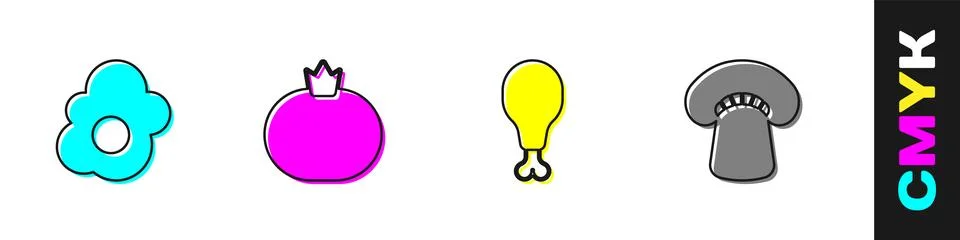 Set Scrambled egg, Tomato, Chicken leg and Mushroom icon. Vector Stock Illustration