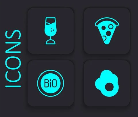Set Scrambled egg, Wine glass, Slice of pizza and Banner for bio icon. Black Stock Illustration