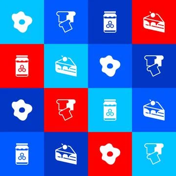 Set Scrambled eggs, Bread toast, Jar of honey and Piece cake icon. Vector イラスト素材