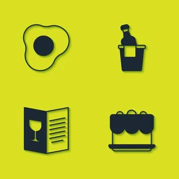 Set Scrambled eggs, Cake, Restaurant cafe menu and Champagne in ice bucket icon Stock-Illustration