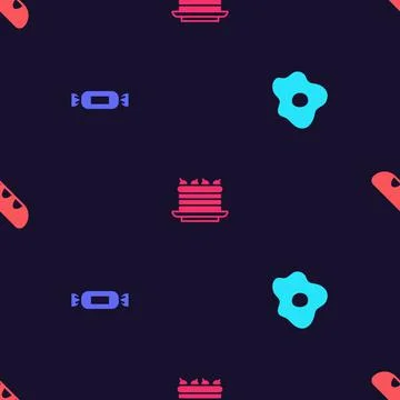 Set Scrambled eggs, Candy, Cake and French baguette bread on seamless pattern Stock Illustration