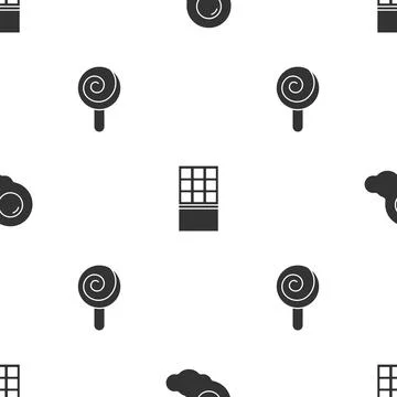 Set Scrambled eggs, Chocolate bar and Lollipop on seamless pattern. Vector Stock Illustration