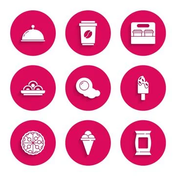 Set Scrambled eggs, Ice cream in waffle cone, Bag or packet potato chips, Pizza Stock-Illustration