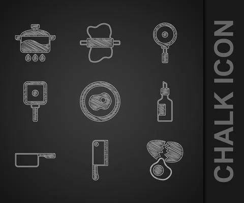 Set Scrambled eggs, Meat chopper, Broken, Bottle of olive oil, Saucepan, Frying Illustrazione stock