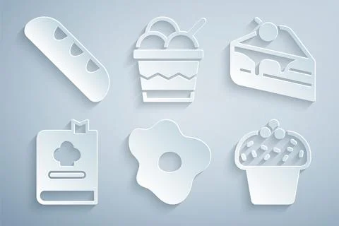 Set Scrambled eggs, Piece of cake, Cookbook, Cake, Ice cream in bowl and French Stock-Illustration