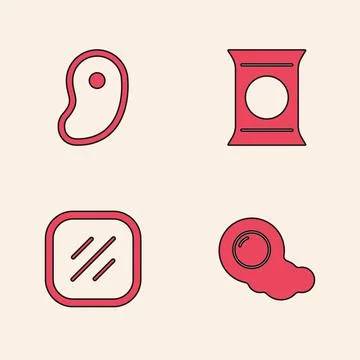 Set Scrambled eggs, Steak meat, Bag or packet potato chips and icon. Vector Stock Illustration