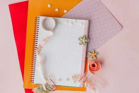 Set for Scrapbooking, creative mess. Scotch for Scrapbooking.Pink background Stock Photos
