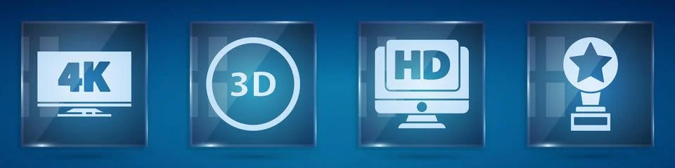 Set Screen tv with 4k, 3D word, Monitor with HD video and Movie trophy. Square Stockillustratie