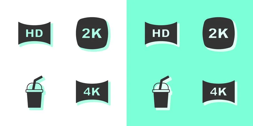 Set Screen tv with 4k, Hd movie, tape, frame, Paper glass water and 2k Ultr.. Stock Illustration