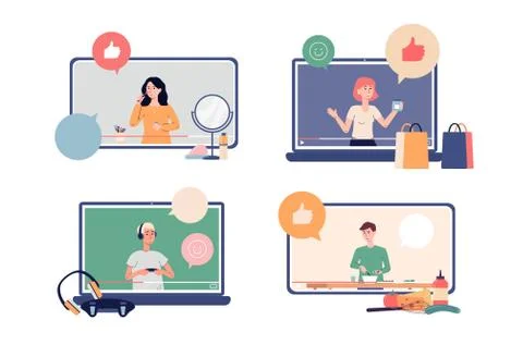 Set of screens with online video tutorials, flat vector illustration isolated. Ilustración de archivo