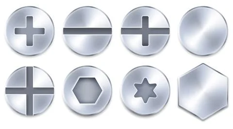 A set of screw, nuts, bolt and rivet head design elements. Vector illustratio Stock Illustration