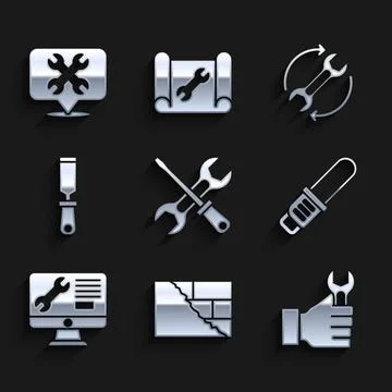 Set Screwdriver and wrench, Bricks, Wrench spanner, Chainsaw, Computer moni.. 스톡 일러스트