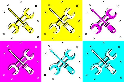 Set Screwdriver and wrench spanner tools icon isolated on color background Illustrazione stock