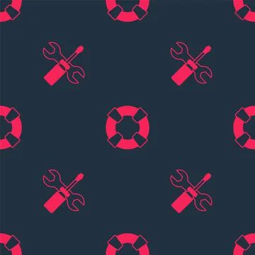 Set Screwdriver and wrench spanner and Lifebuoy on seamless pattern. Vector Stock Illustration