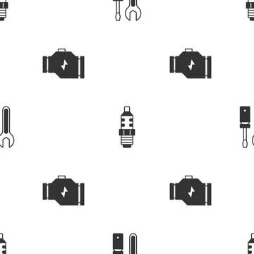 Set Screwdriver and wrench spanner, Car spark plug and Check engine on seamless Stock Illustration