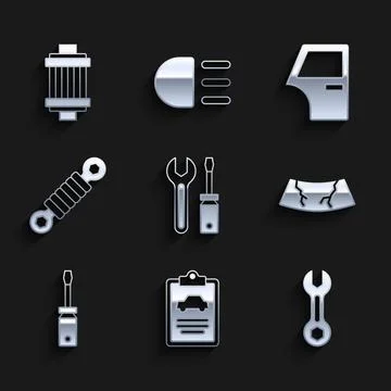 Set Screwdriver and wrench spanner, Car inspection, Wrench, Broken windshie.. Stock Illustration