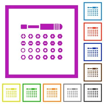 Set of screwdriver bits flat framed icons Stock Illustration