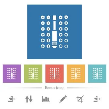 Set of screwdriver bits flat white icons in square backgrounds Stock Illustration
