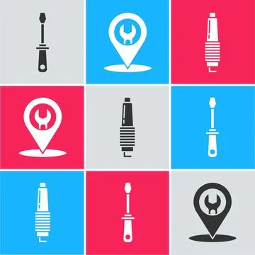 Set Screwdriver, Car service and Car spark plug icon. Vector Stock Illustration