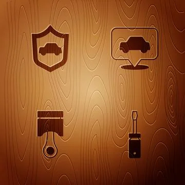 Set Screwdriver, Car with shield, Engine piston and service on wooden background Stock Illustration