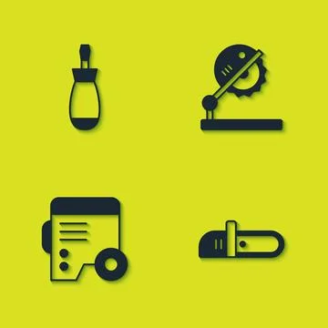 Set Screwdriver, Chainsaw, Power electric generator and Table for woodwork icon Illustrazione stock
