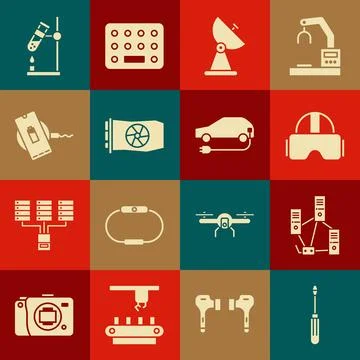 Set Screwdriver, Computer network, Virtual reality glasses, Radar, Video graphic Stock Illustration
